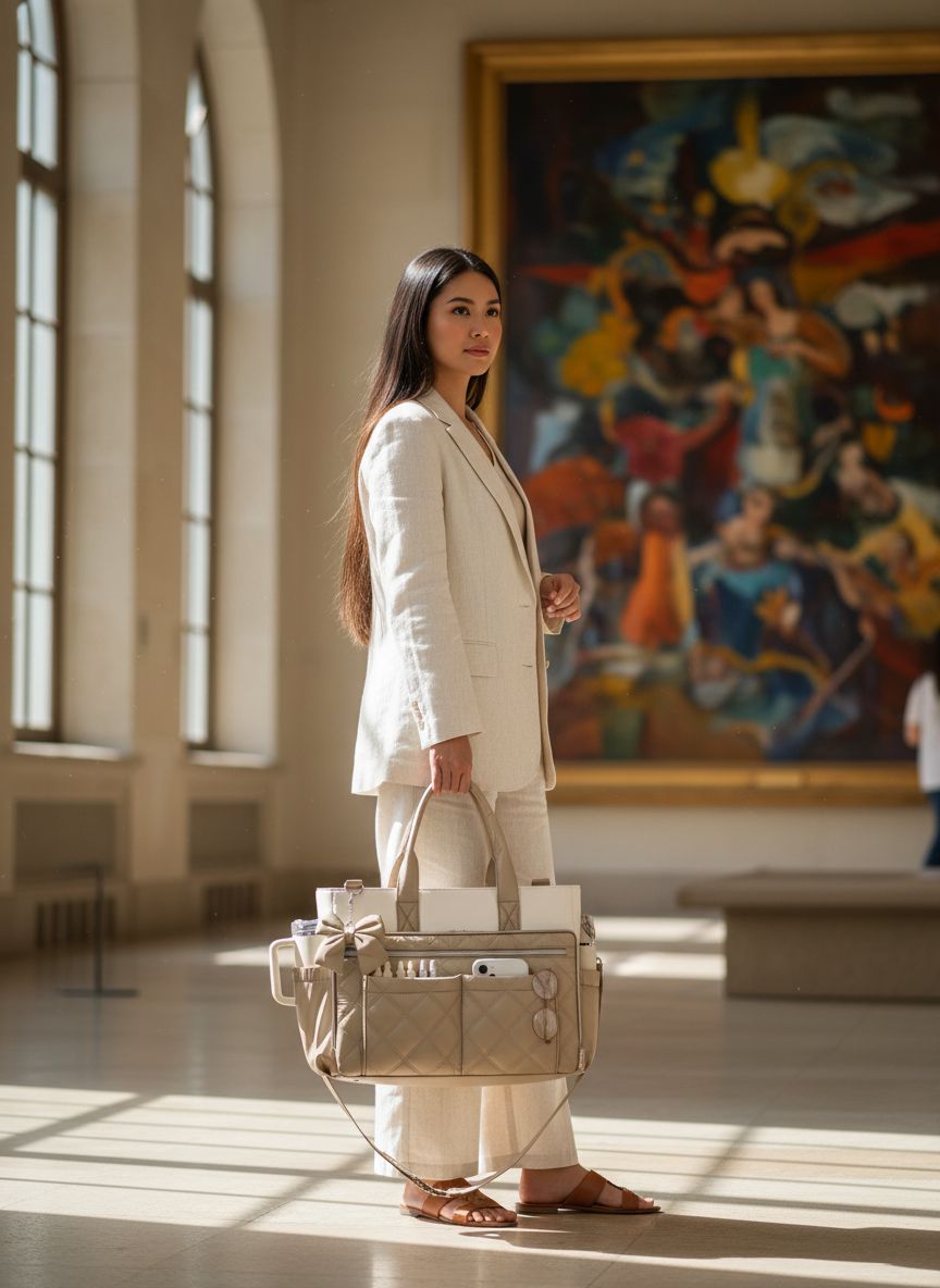 Quilted canvas work tote bag in neutral color, shown from front view — view 4