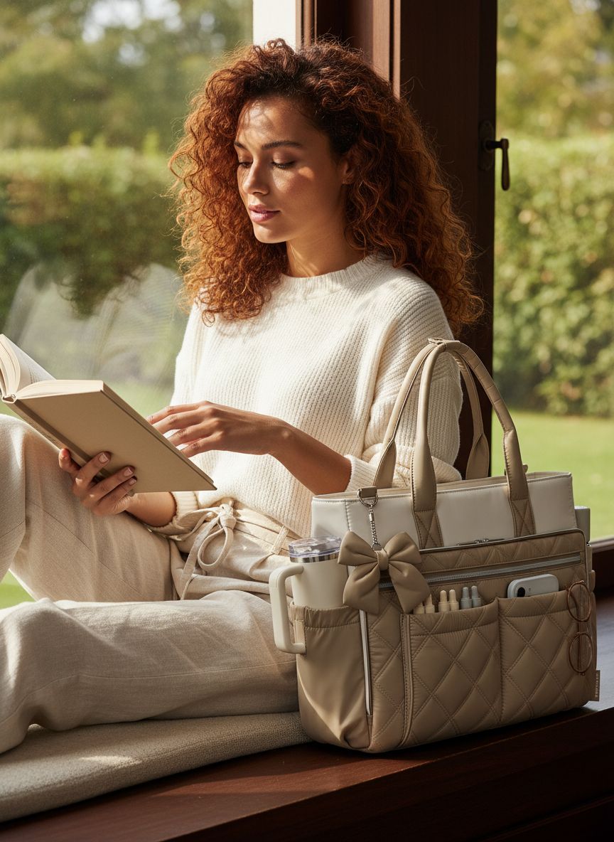Quilted canvas work tote bag in neutral color, shown from front view — view 5b