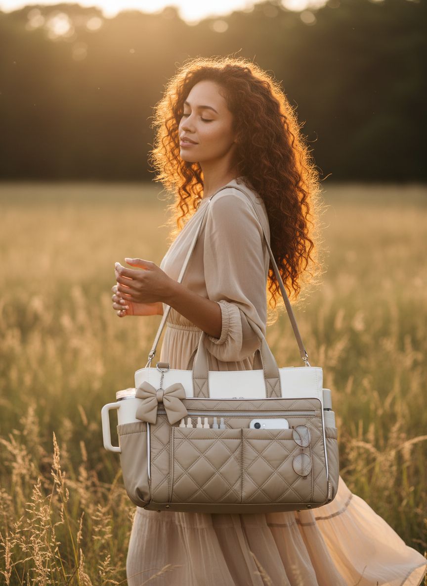 Quilted canvas work tote bag in neutral color, shown from front view — view 7a